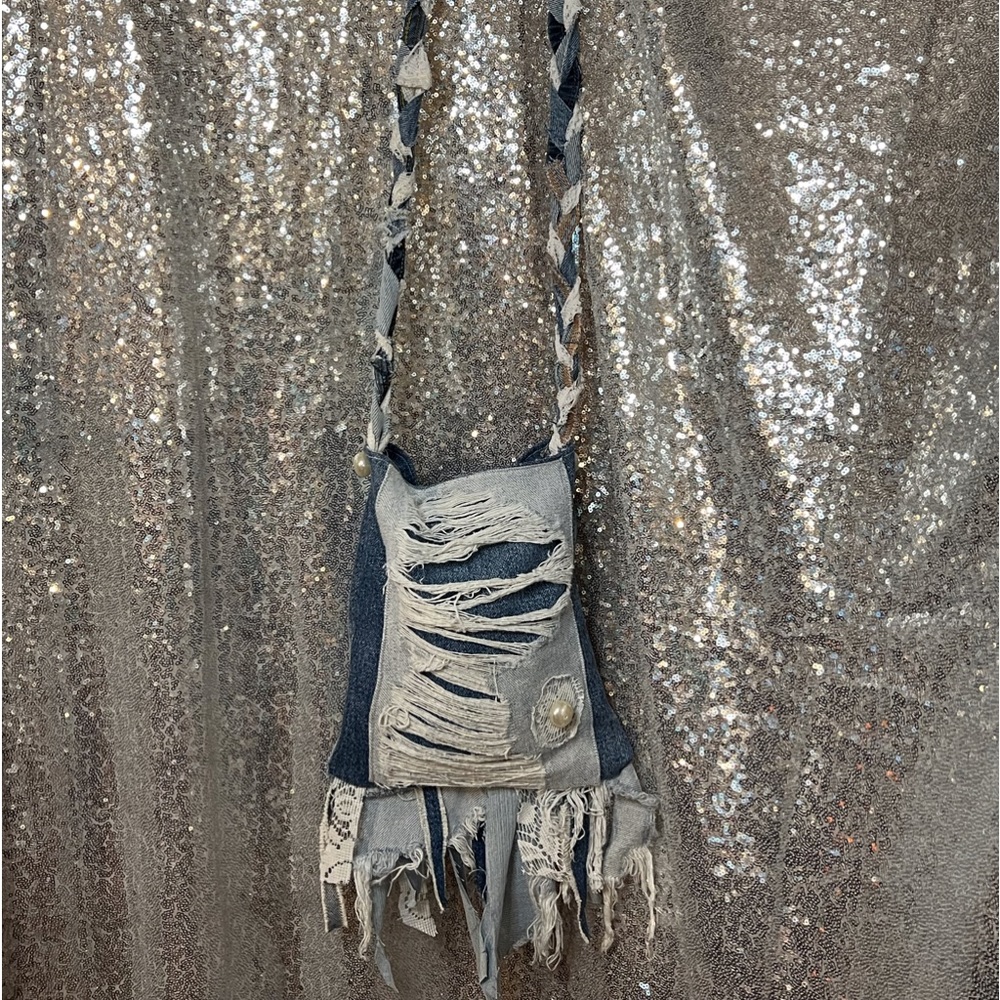 BOHO Handmade Crossbody Denim & Lace Shoulder Purse/Bag Up Cycled Unique